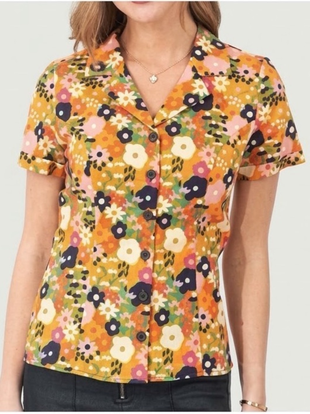 Eva Rose Short Sleeve Retro Floral Print Button Down Shirt